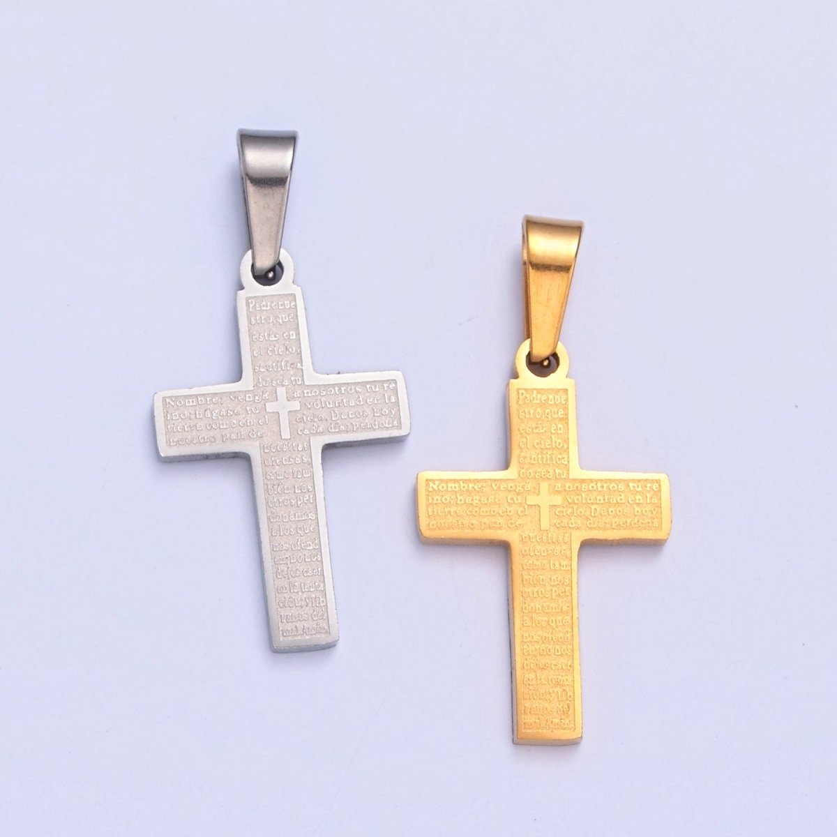 26X12.3mm Minimalist Gold &amp; Silver Religious Cross, Stainless Steel Cross with Lords Player (in Spanish) I-830