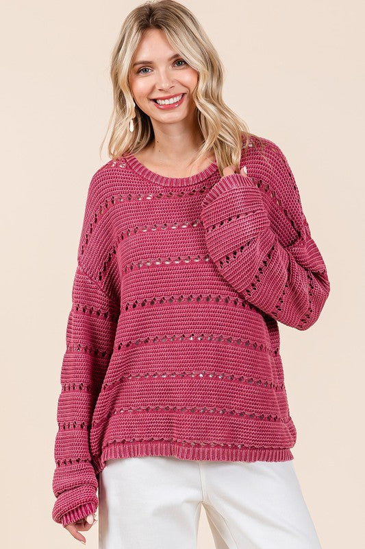 Back To School Sweater - Mittoshop Openwork Round Neck Drop Shoulder Sweater