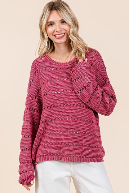 Back To School Sweater - Mittoshop Openwork Round Neck Drop Shoulder Sweater