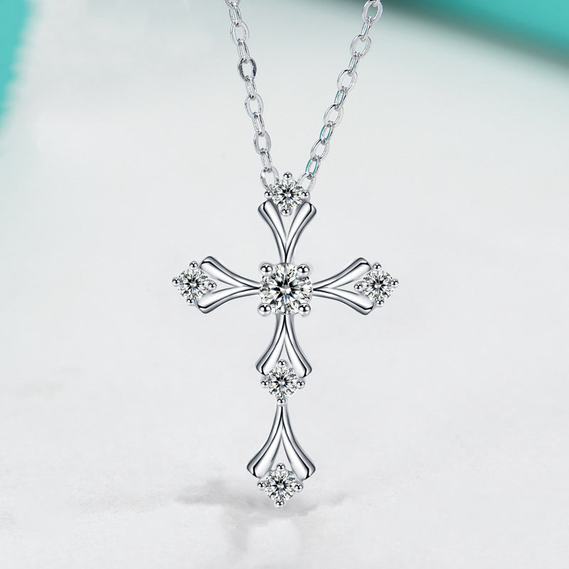 S925 Sterling Silver Moissanite Cross Necklace, 3.5mm D-VVS1 Pendant, Platinum Plated 40&amp;45cm Chain, 1.7g GRA Certificate Gift Box