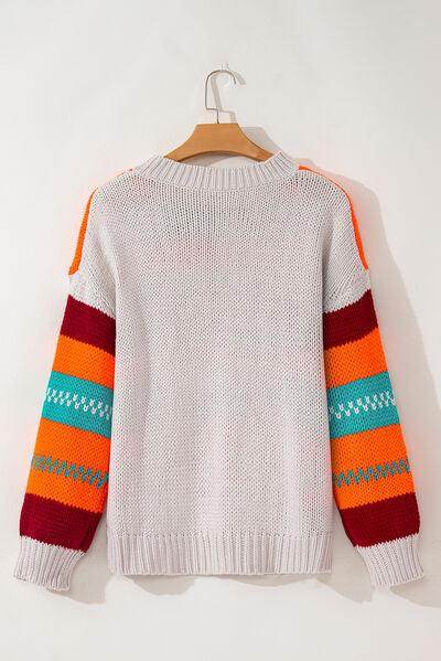 Contrast Striped Round Neck Long Sleeve Sweater for Women