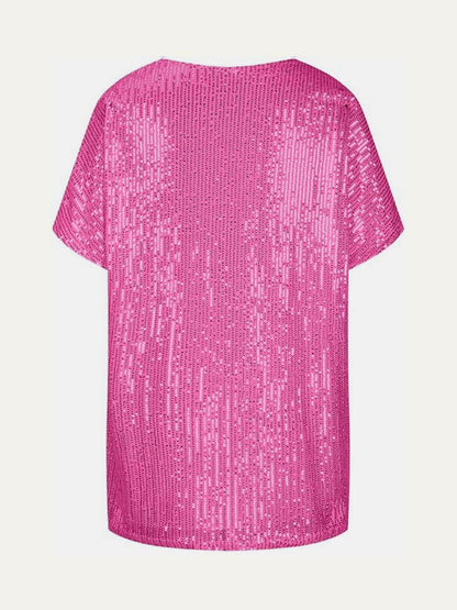 Full Size Sequin V-Neck Short Sleeve Top for Women