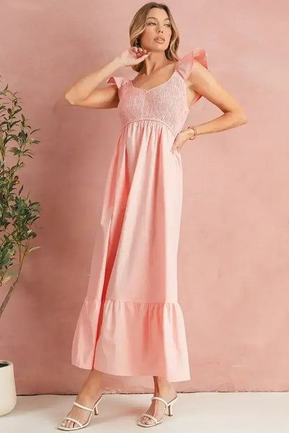 Black V Neck Flutter Sleeve Smocked Bodice High Waist Ruffle Maxi Dress