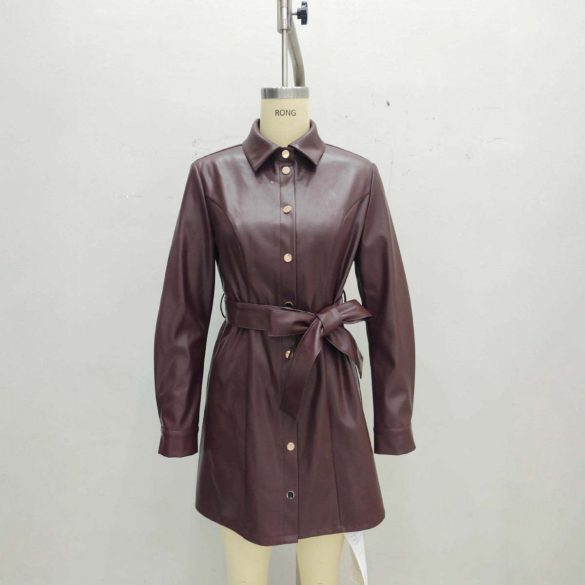Belted Long-sleeve Leather Trench Fashionable Women&