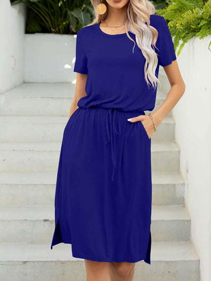 Round Neck Short Sleeve Slit Dress with Pockets for Women