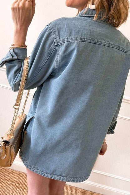 Pocketed Button Up Long Sleeve Denim Jacket for Women