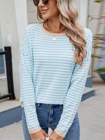 Striped Contrast Round Neck Long Sleeve Sweater for Women