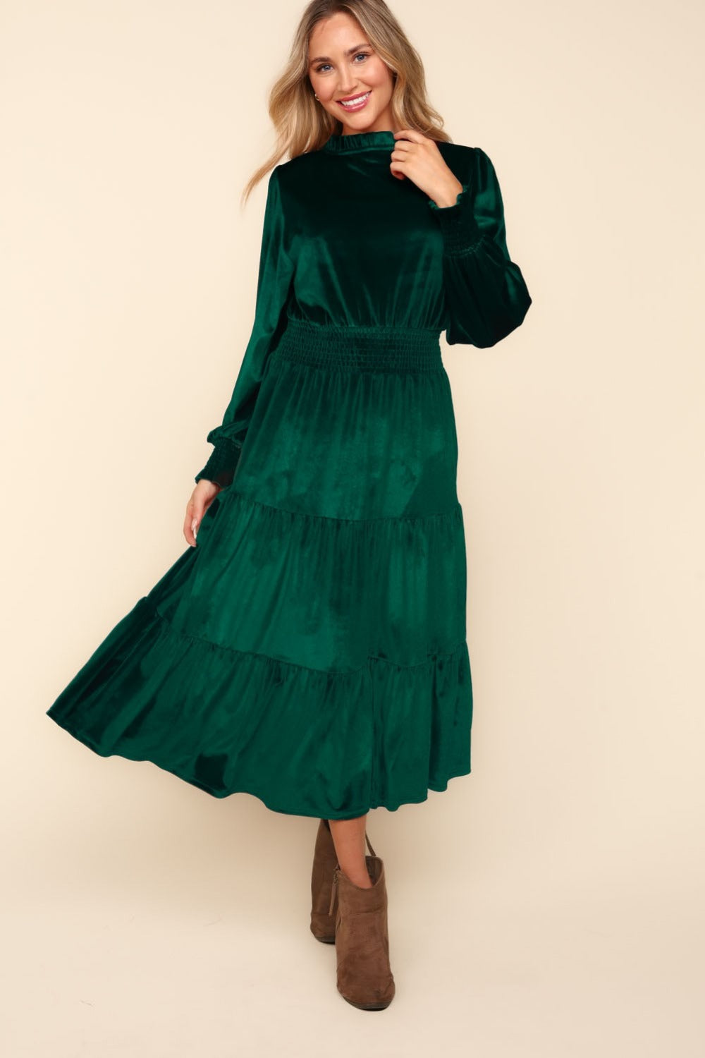 Mock Neck Smocked Waist Velvet Tiered Dress – Elegant Velvet Dress, Tiered Babydoll Dress, Smocked Waist Dress, Velvet Party Dress, Long Sleeve Dress