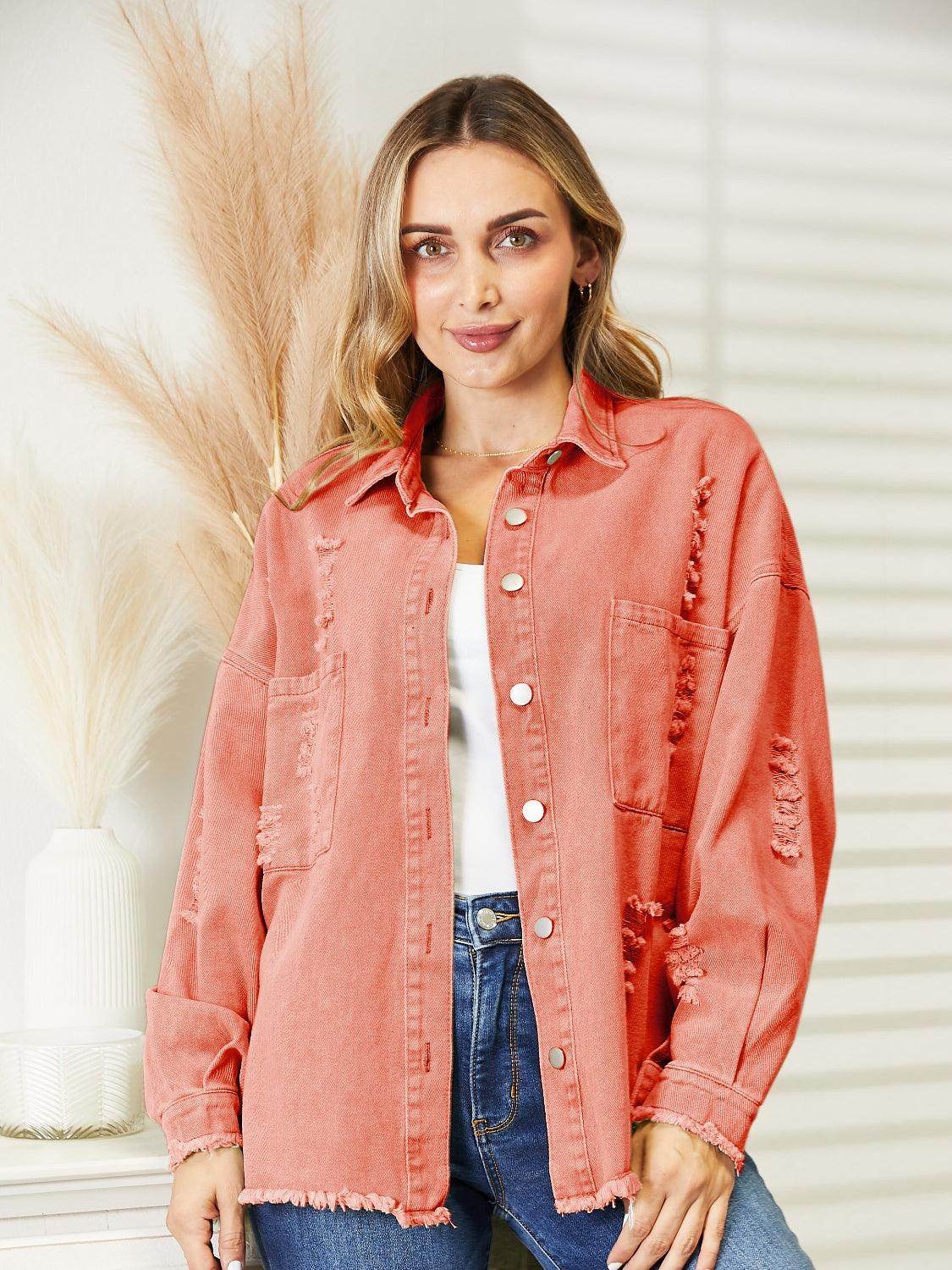 Distressed Raw Hem Denim Jacket for Relaxed Fit Style