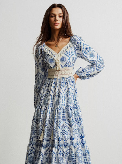 Bohemian Print Midi Dress with Tassel Detail