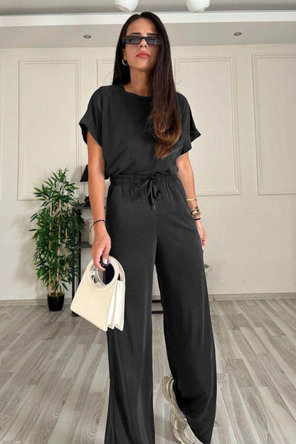 Round Neck Short Sleeve Top and Drawstring Pants Set for Women