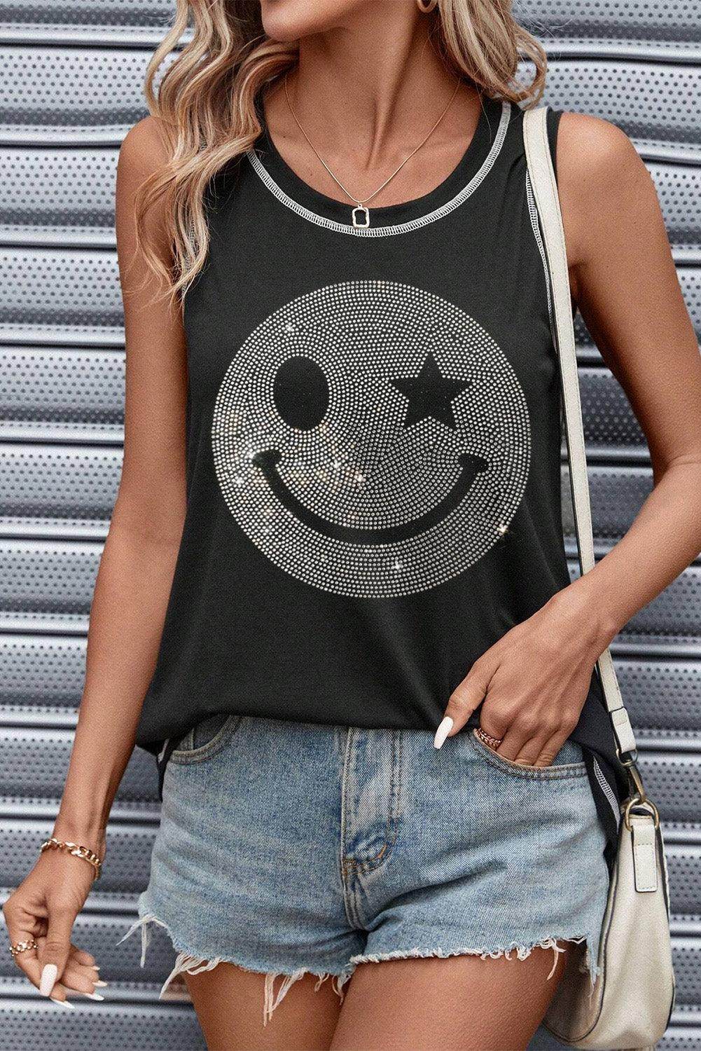 Rhinestone Smile Face Round Neck Tank Top for Women
