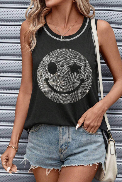 Rhinestone Smile Face Round Neck Tank Top for Women