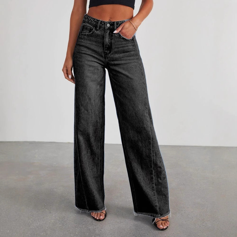 Europe And The United States Cross-border New Amazon Loose Wide Leg Side Stitching Framed Hem Jeans Women&