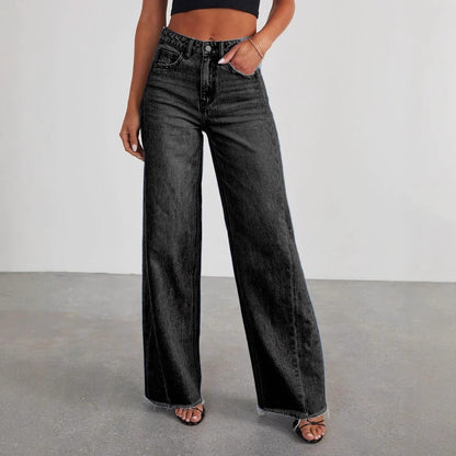 Europe And The United States Cross-border New Amazon Loose Wide Leg Side Stitching Framed Hem Jeans Women&