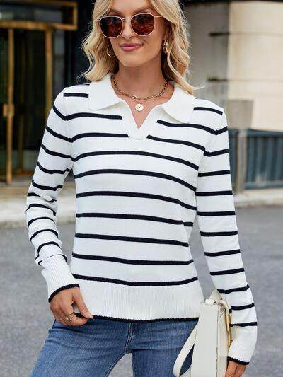 Striped Johnny Collar Long Sleeve Sweater for Women
