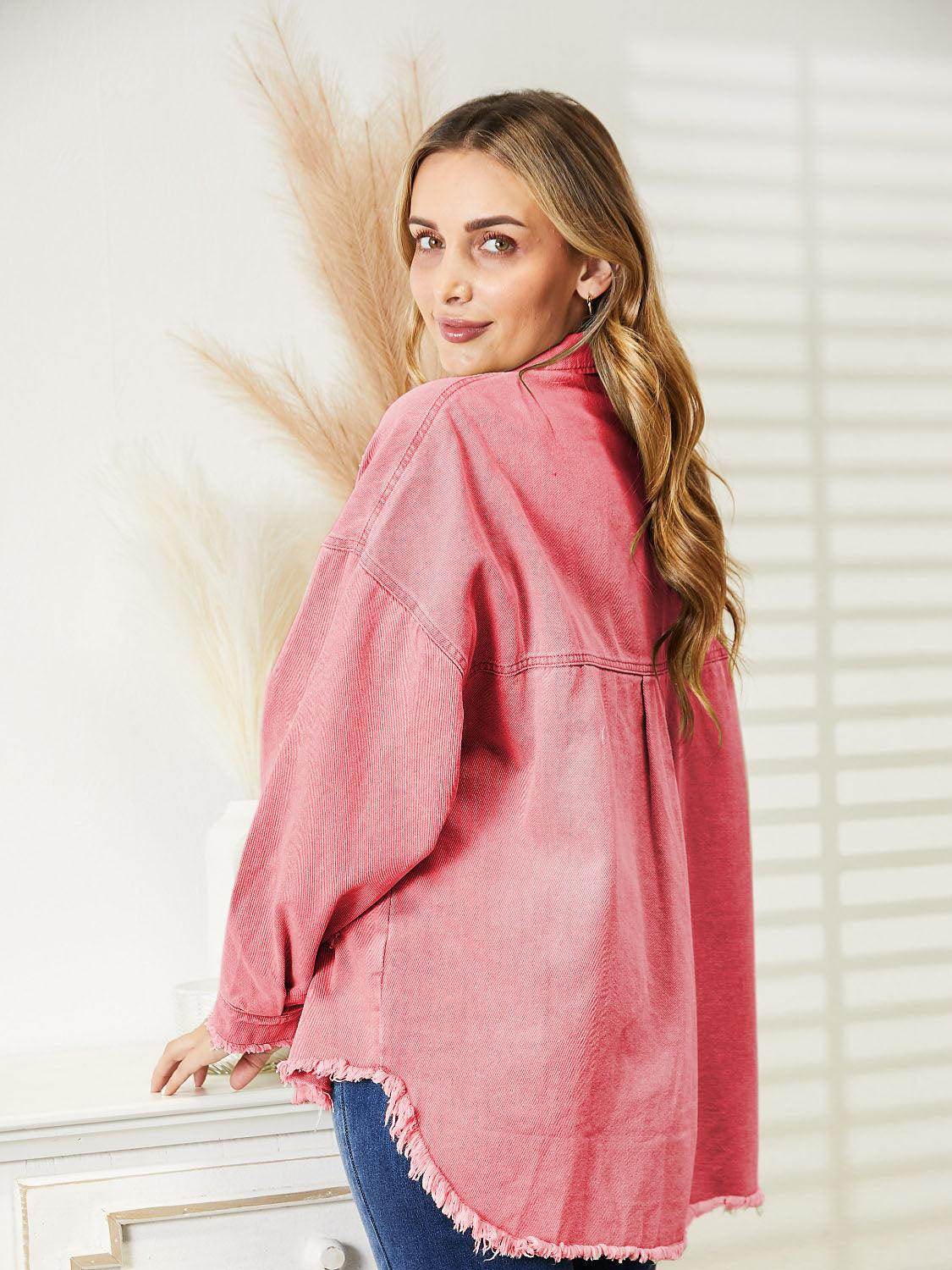 Distressed Raw Hem Denim Jacket for Relaxed Fit Style