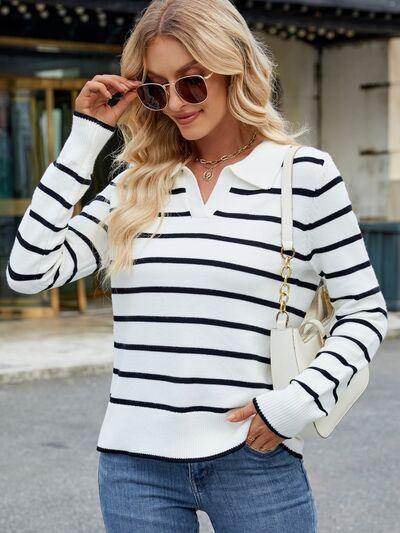 Striped Johnny Collar Long Sleeve Sweater for Women
