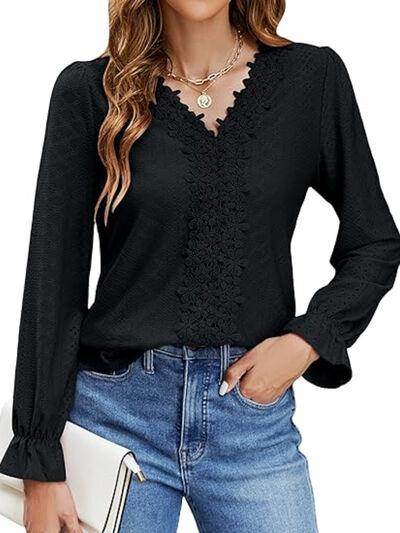 Lace Detail Eyelet V-Neck Flounce Sleeve Blouse for Women
