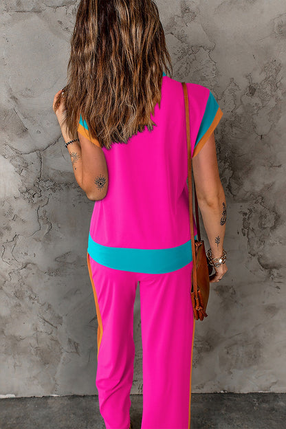 Polyester Two-Piece Set with Contrast Top &amp; Pants