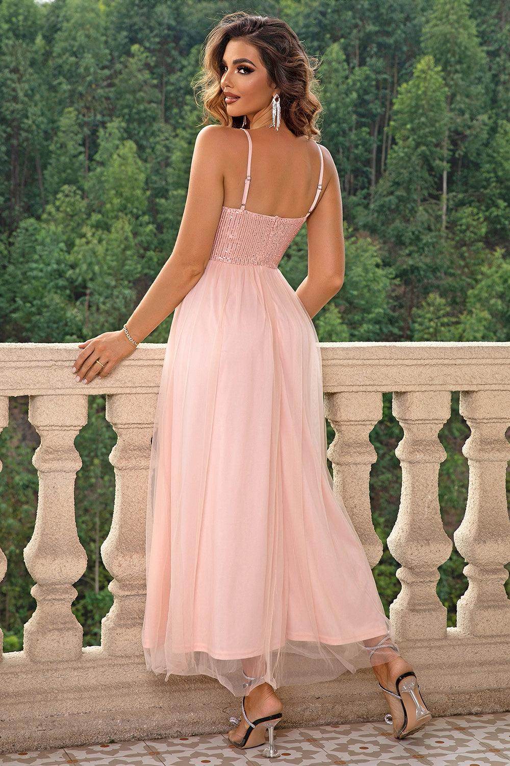 Spaghetti Strap Slit Mesh Dress for Elegant Evening Wear