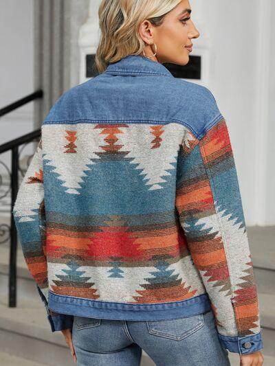 Geometric Button Up Long Sleeve Denim Jacket for Women