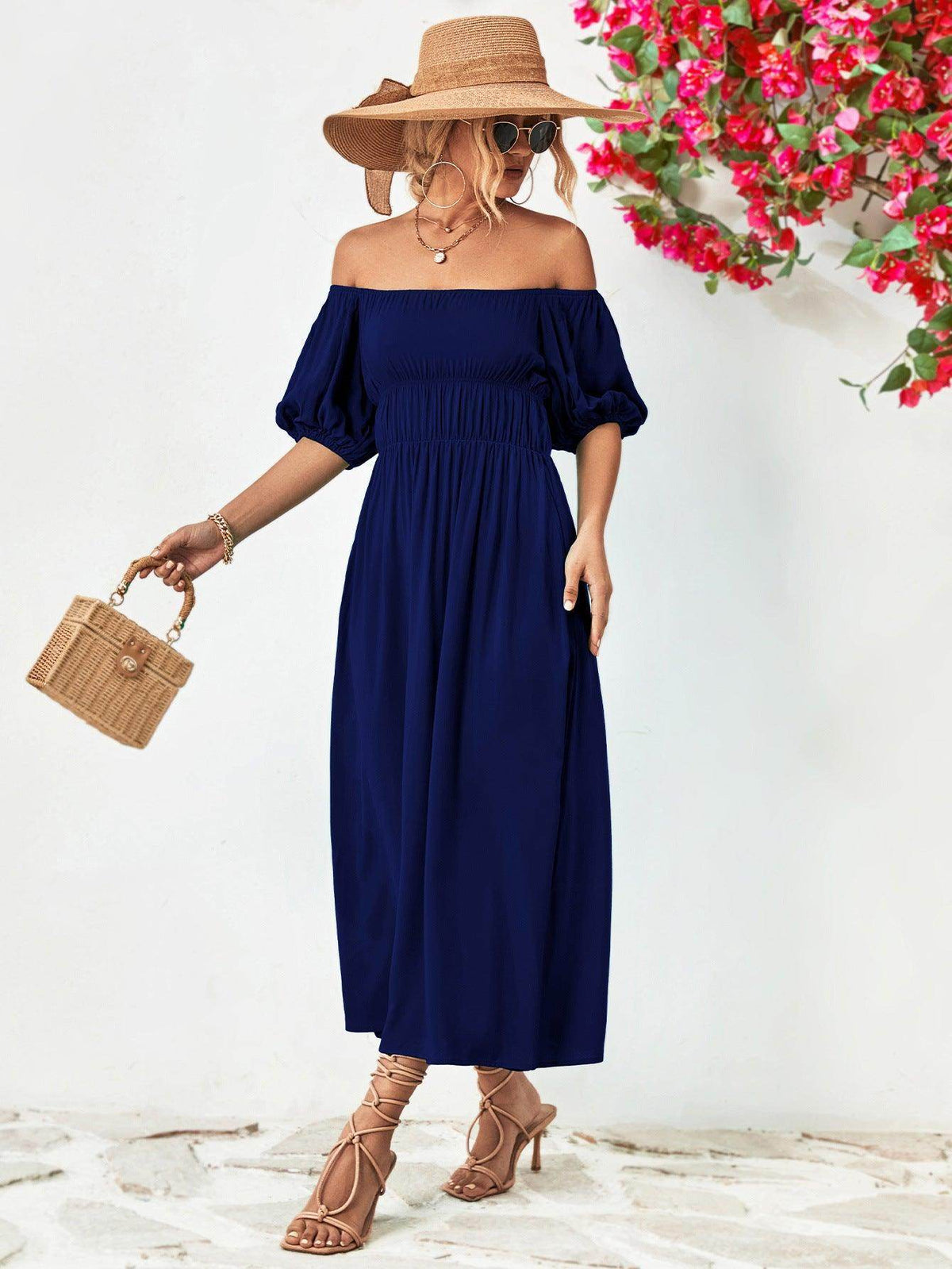 Off-Shoulder Balloon Sleeve Midi Dress for Chic Style