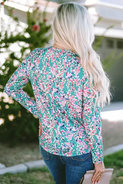 Green Floral Pleated Blouse - Relaxed Long Sleeve Top | Femstylo