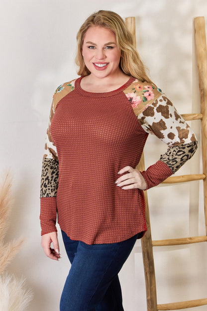 Hailey &amp; Co Full Size Leopard Waffle-Knit Blouse