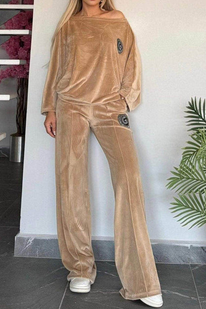 Full Size Boat Neck Long Sleeve Top and Pants Set Outfit