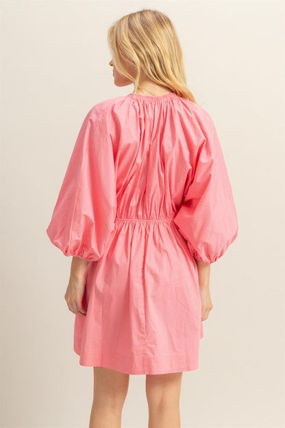 Plunge Balloon Sleeve Poplin Mini Dress with Pockets –Bold, Chic, Sexy and Trendy Plunge Neckline Dress with Balloon Sleeves and Functional Pockets