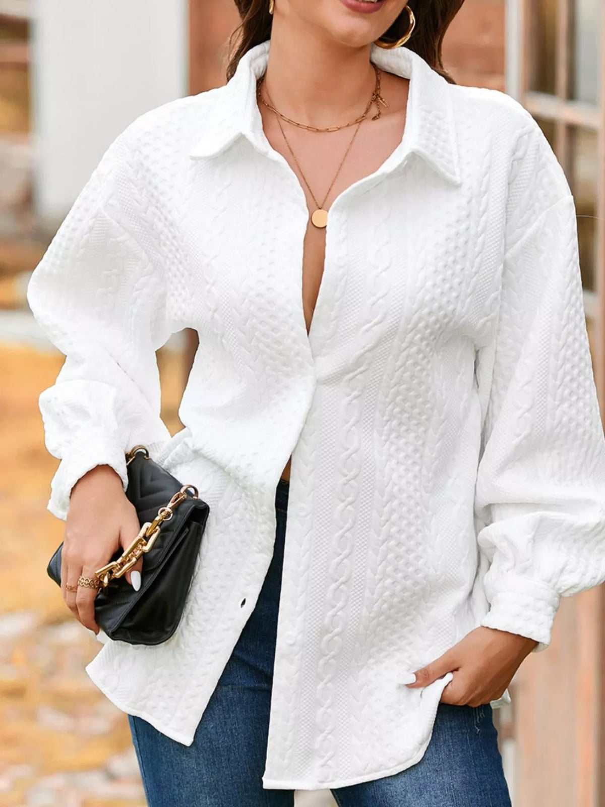Cable Texture Puff Sleeve Loose Shacket