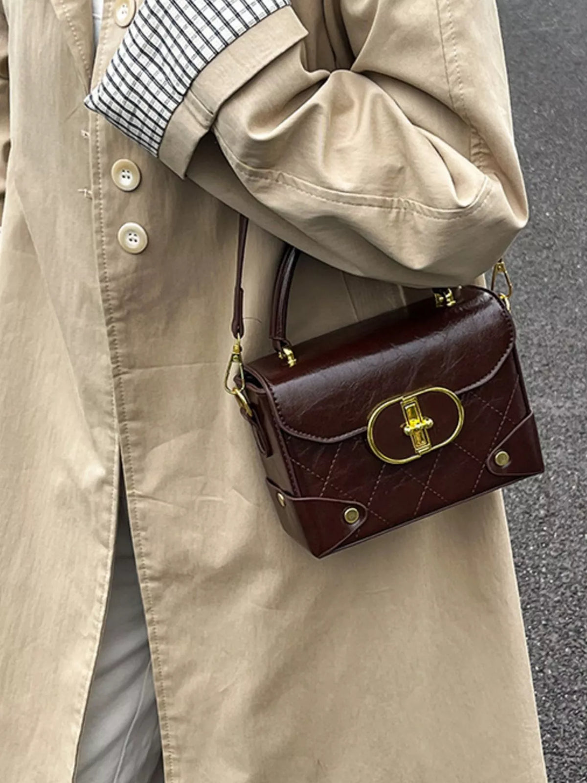Quilted Pattern Top Handle Crossbody Bag