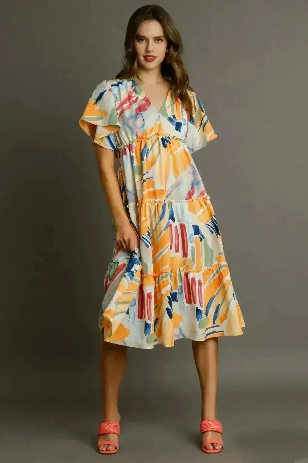 Umgee Abstract Print Midi Dress – Flutter Sleeves &amp; Tiered Frill Detail