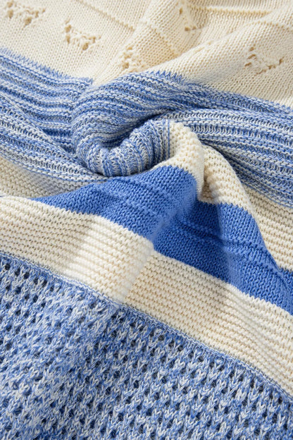 Openwork Striped Knit Long Sleeve Sweater
