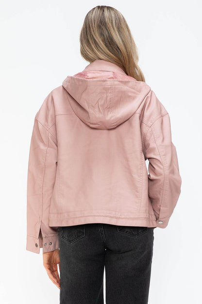 How Dare U Drawstring Hem PU Leather Zip Up Jacket for Women