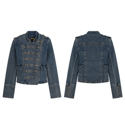 American-Style Retro Court-Style Waist-Cinching Denim Jacket For Women