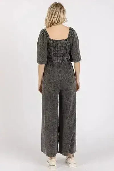 Mineral Wash Gauze Mittoshop Jumpsuit - Ruched Wide Leg Romper | Femstylo