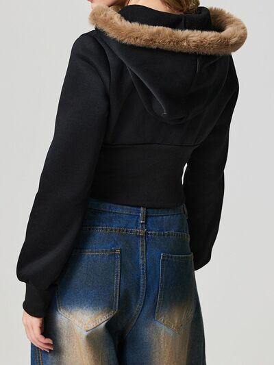 Black Fuzzy Hem Hooded Zip-Up Jacket With Long Sleeves and Casual Style Jacket