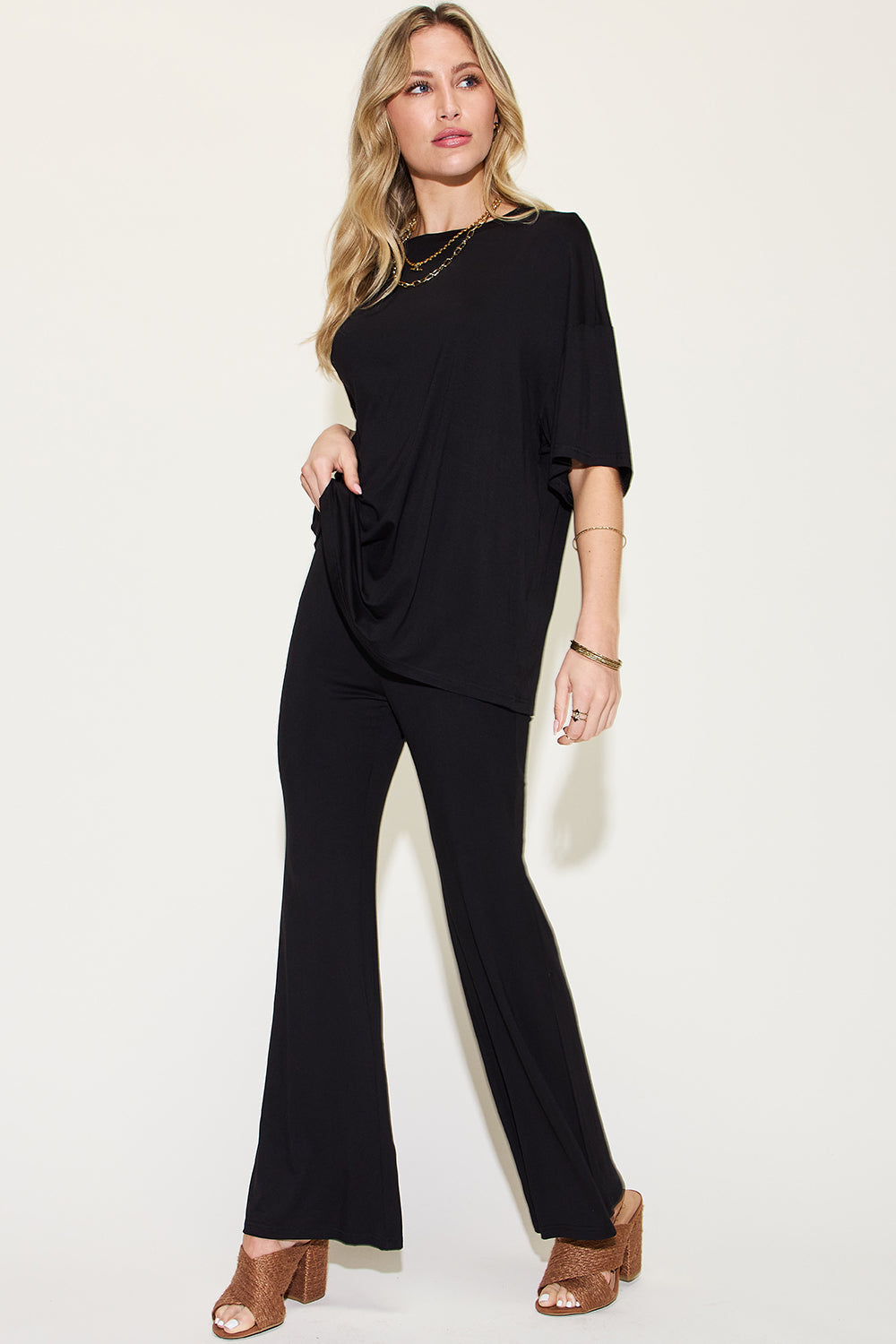 Comfy Bamboo Drop Shoulder Tee &amp; Flare Pants Set