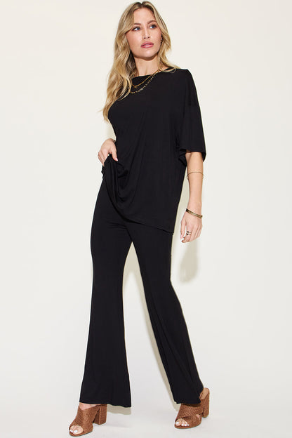 Comfy Bamboo Drop Shoulder Tee &amp; Flare Pants Set