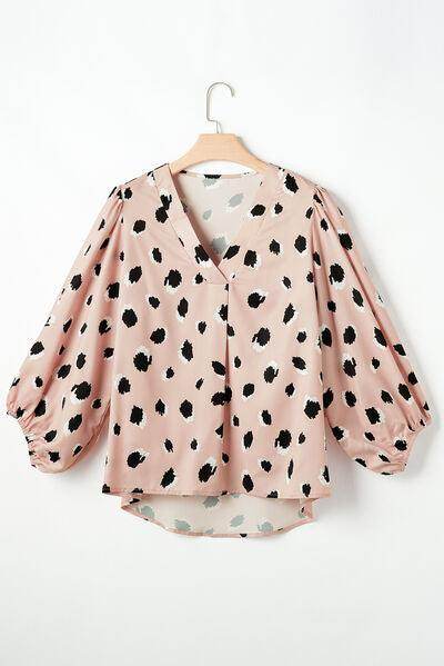 Contrast Animal Print V-Neck Long Sleeve Blouse for Women