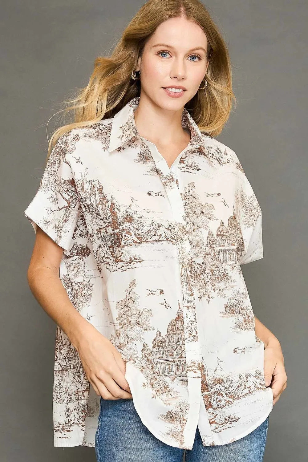 Umgee Full Size Two Tone Print Button Up Short Sleeve Shirt Plus Size