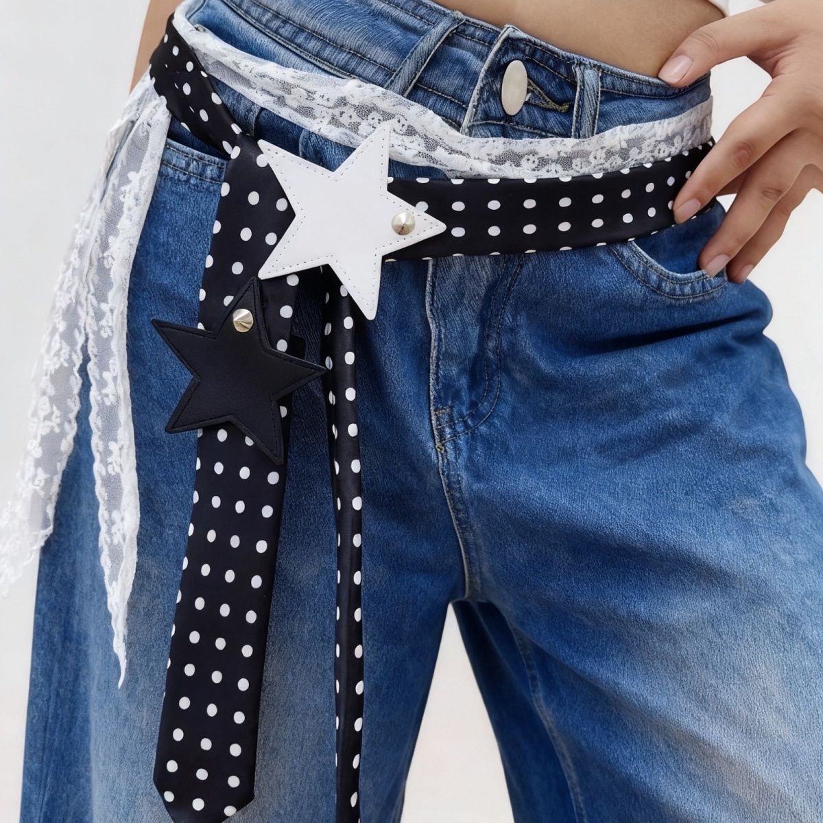 Polka-dot Silk Scarf Beltearly Autumn Styling With Denim Vintage Vibe