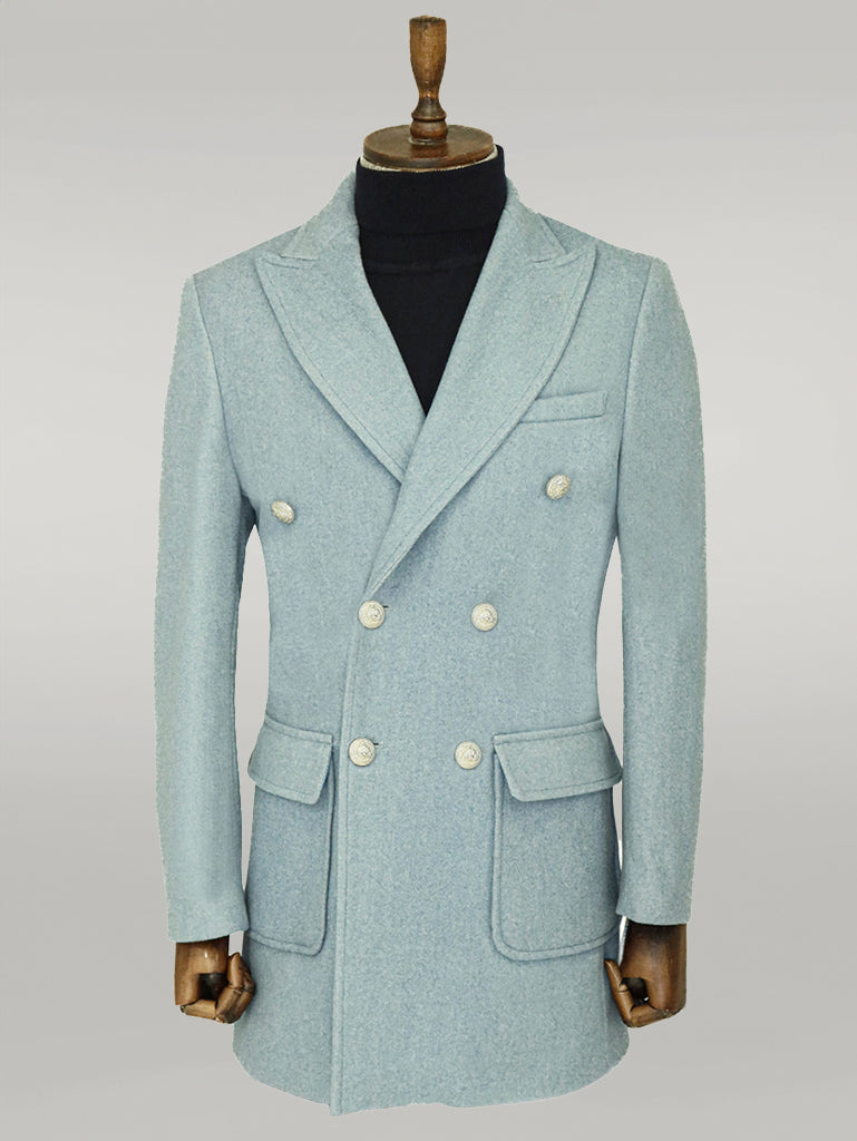 Metal Buttons Wool Cashmere Light Blue Men Double Breasted Coat - Wessi