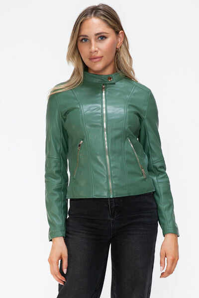 Women Classic Snobbish Faux Leather Zip-Up Drawstring Hooded Jacket Edgy &amp; Casual PU Leather Jacket For Streetwear