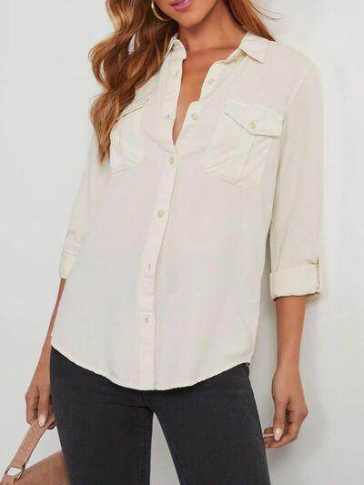 Collared Neck Roll-Tab Sleeve Denim Top for Women