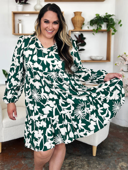Double Take Full Size Printed Ruffle Hem Dress with Pocket Stylish &amp; Functional Women Dress