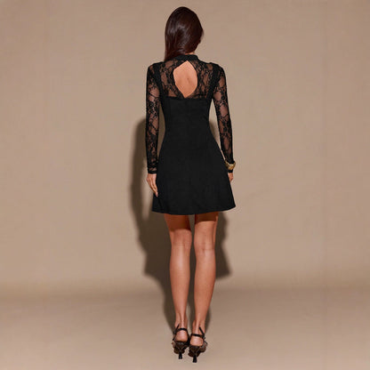 Lace-panel Dress With A Mock Neck And Long Sleeves