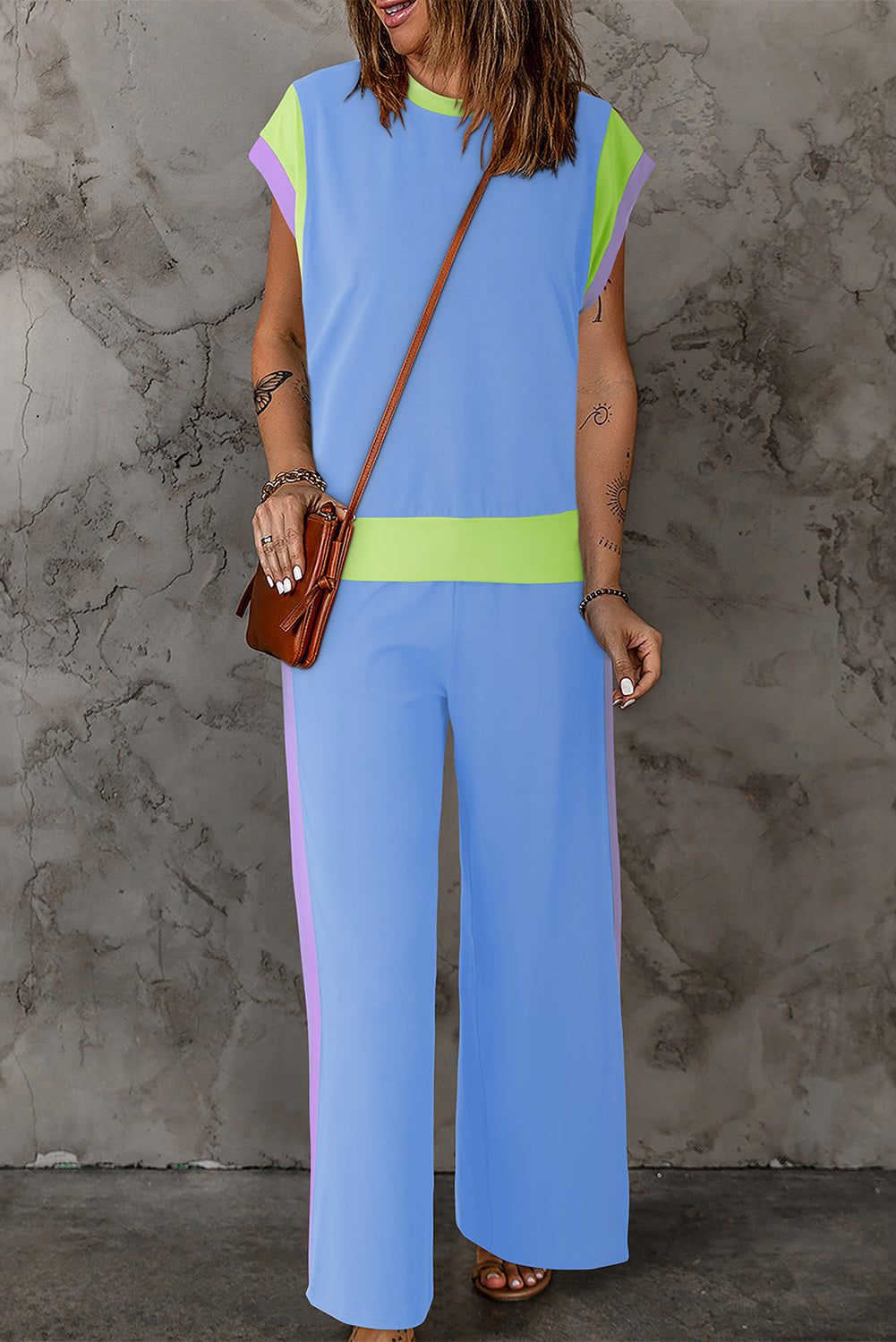 Polyester Two-Piece Set with Contrast Top &amp; Pants